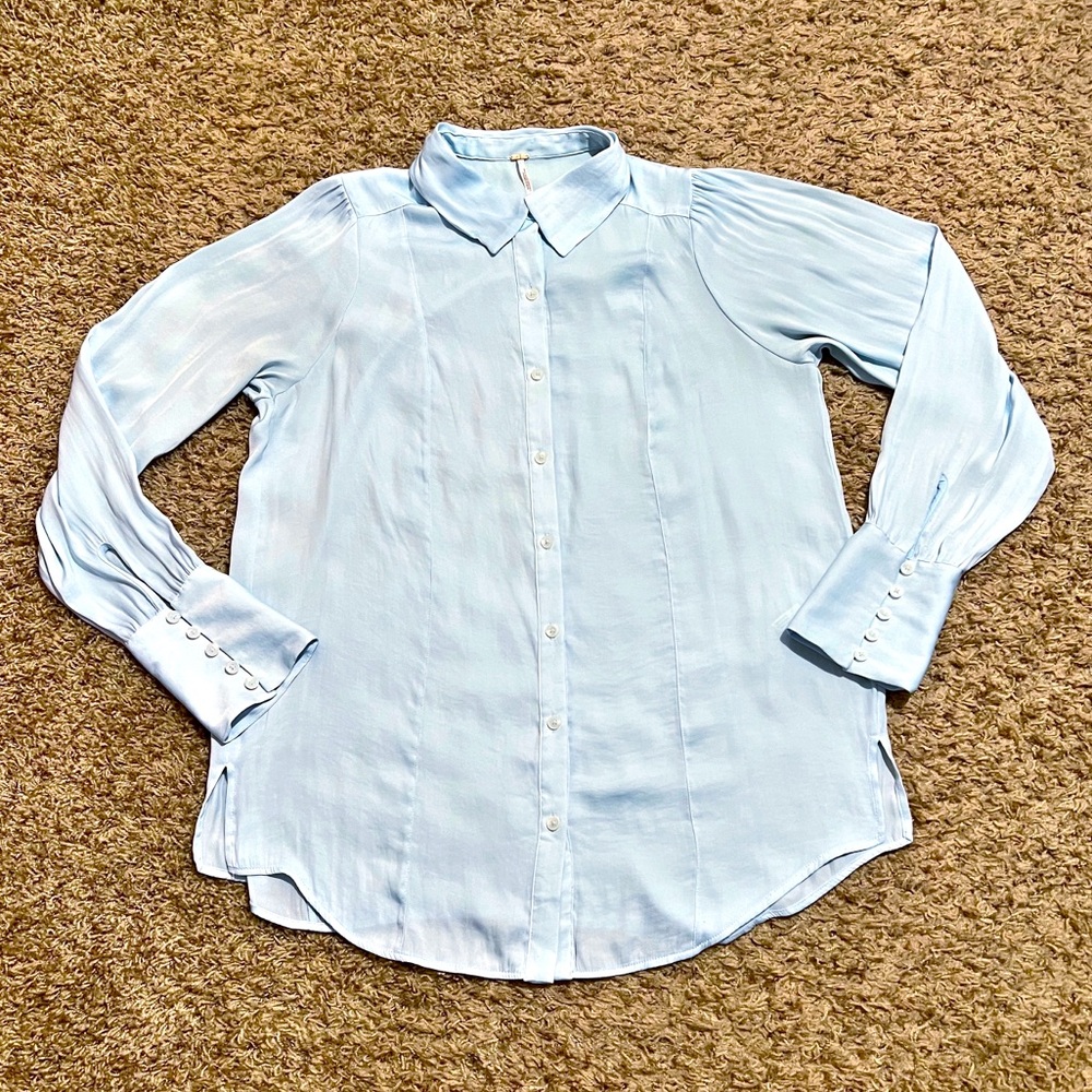 [Free People] Light Blue Button Down Blouse Medium Balloon Sleeves Boho Career